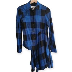 MM6 Maison Margiela Asymmetric Check Plaid Twill Button Up Blue Black 40 IT 4 US